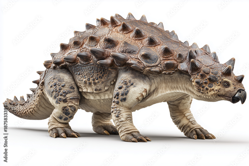 Obraz premium Professional studio shot of a realistic Ankylosaurus magniventris. Full body view with tail club, thick osteoderm plates, and bony textures on an isolated white background