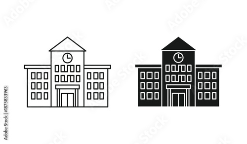 Vector illustration of two school buildings in black and white line art style