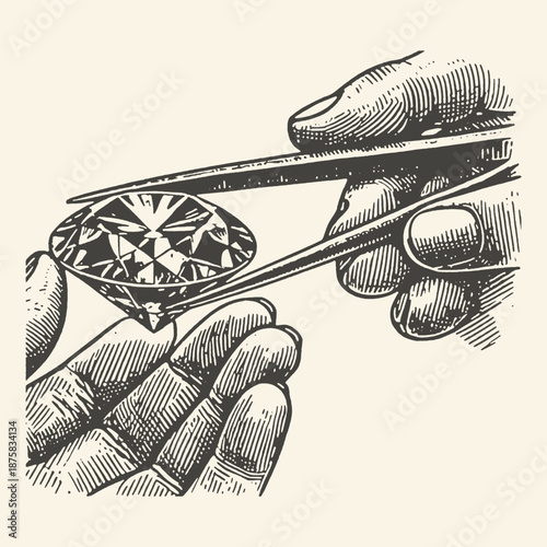 Vintage Engraving Style Illustration of a Jeweler's Hand Holding a Large Faceted Diamond with Tweezers for Inspection and Appraisal