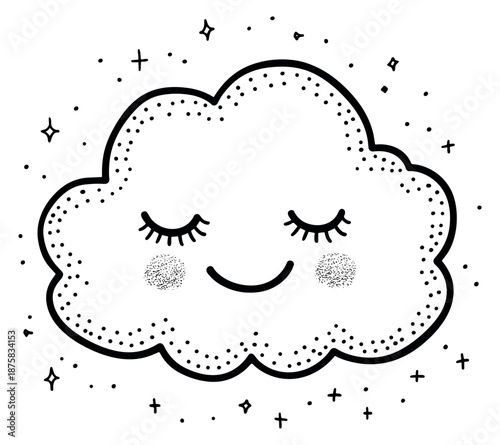 Hand drawn line art illustration of a cute sleeping cloud depicting a peaceful dream for children's designs