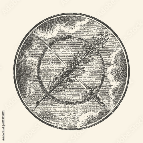 Vintage Alchemical Ouroboros Symbol with Sword and Olive Branch, Antique Engraving Style Mystic Emblem of Eternal Cycle and Balance