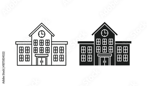 Two school building icons in black and white line art style
