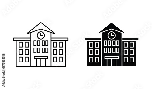 Two school building icons in black and white line art style with clock towers
