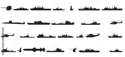 A comprehensive collection of military ship and helicopter silhouettes for design projects
