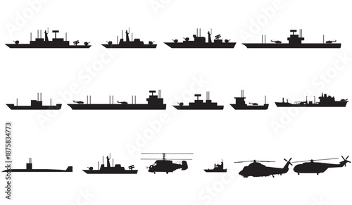 A comprehensive collection of military ship and helicopter silhouettes for design projects