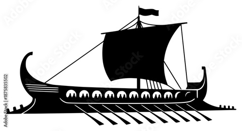 A black and white silhouette of a viking ship with a large sail, black, boat, flag, illustration, mast, pirate ship, profile, sail, sea, vessel, against transparent background