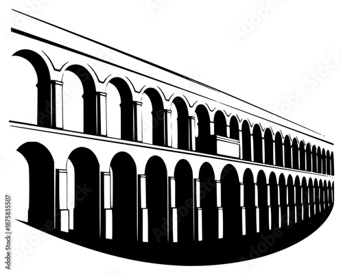 A black and white silhouette of an ancient building with arches, aqueduct, arcade, arch, archway, black, building, illustration, pillar, profile, viaduct, white, against transparent background