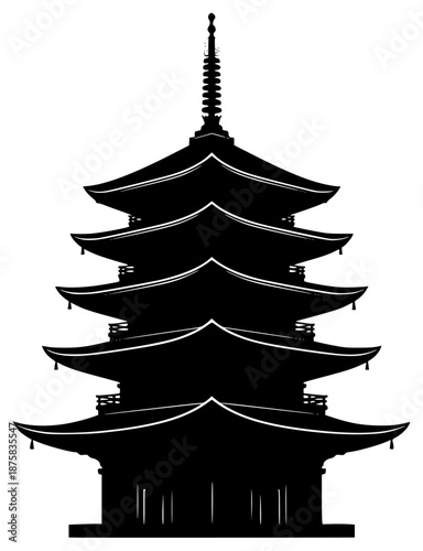 A black and white silhouette of a pagoda tower, black, building, icon, illustration, pagoda, profile, structure, temple, tower, against transparent background