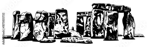 A black and white illustration of stonehenge, a prehistoric monument located in england, black, draw, fence, graveyard, illustration, ink, log, pole, stone, white, against transparent background
