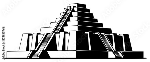 A black and white illustration of a pyramid with stairs, black, building, cube, icon, illustration, ladder, peak, pyramid, rise building, stack, stair, against transparent background
