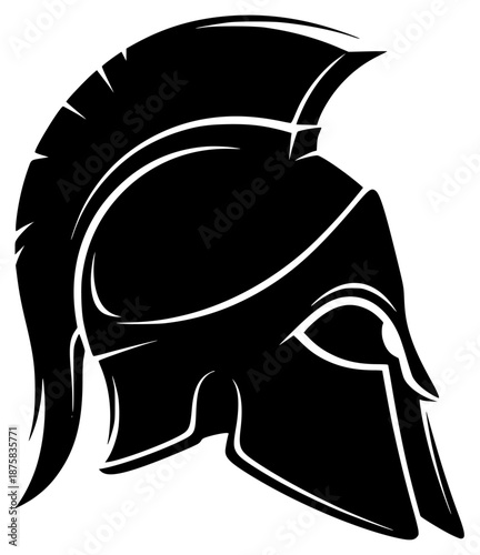 A black and white silhouette of a spartan helmet, armor, black, head, helmet, illustration, image, logo, profile, shield, warrior, against transparent background