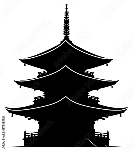 A black and white silhouette of a pagoda tower, black, building, illustration, pagoda, profile, spire, structure, temple, tower, against transparent background
