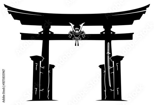 A black and white silhouette of a traditional japanese torii gate, archway, black, door, doorway, eagle, entrance, illustration, pillar, pole, profile, shrine, symbol, against transparent background