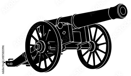 A black and white silhouette of a cannon on a , black, cannon, illustration, profile, telescope, against transparent background