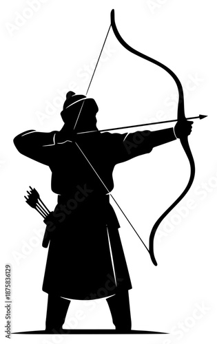 A silhouette of a man practicing archery, holding a bow and arrow, archery, arrow, black, bow, goal, illustration, man, profile, shoot, warrior, against transparent background