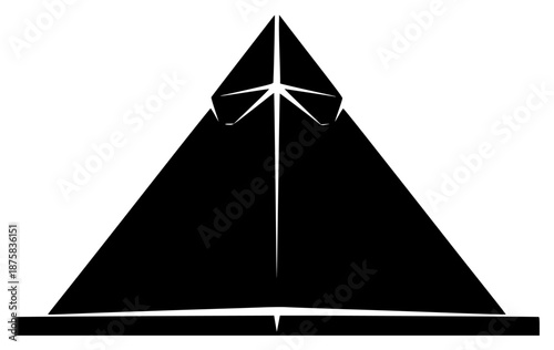 A black and white silhouette of a triangular shape with a straight line running through it, black, boat, pyramid, sail, shape, triangle, white, against transparent background