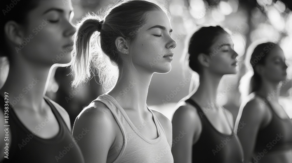 Obraz premium A woman meditates during a pilates class with others following her lead.
