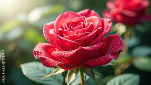 Vibrant red rose in morning dew