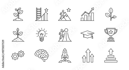 A collection of editable line icons representing ambition, progress, and personal growth, including a seedling, ladder, mountain climber, bar chart, graduation cap, trophy, lightbulb, gears, brain