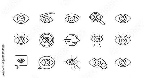 Collection of stylized eye icons, representing vision, sight, and observation, presented in a clean, ordered line art style on a white background. Includes symbols for seeing, viewing, and looking