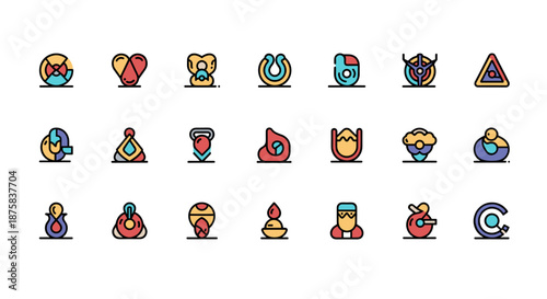 Set of abstract colorful vector cartoon icons and symbols on a white background, representing various concepts like health, business, and technology, perfect for modern graphic design and web