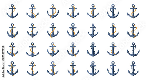 Set of 24 flat design anchors in various styles, each with a rope, presented in a clean, ordered grid on a white background, perfect for nautical and maritime graphic resources.