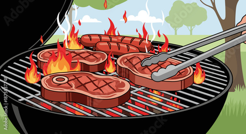 Vibrant vector illustration of a classic charcoal barbecue grill cooking juicy steaks and plump sausages over bright, dancing flames, with tongs held by a hand, set against a cheerful outdoor summer