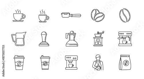 A comprehensive collection of outline vector icons representing various barista tools and coffee-related elements, perfect for web design and culinary themes. This set includes steaming cups, coffee