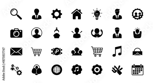 Collection of black vector icons isolated on a white background, representing various concepts such as search, user profiles, settings, home, ideas, photography, communication, shopping, music