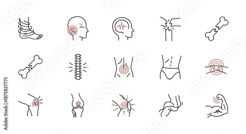 Collection of line icons illustrating various body pains and injuries, including foot pain, earache, headache, broken bones, spinal issues, abdominal discomfort, knee and joint pain, and muscle