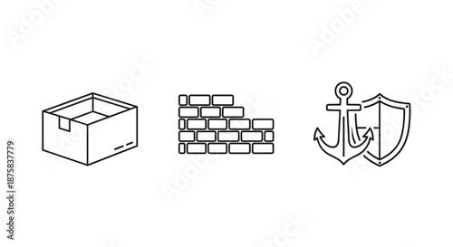 Set of three simple line icons representing a cardboard box, a brick wall, and an anchor with a shield, symbolizing logistics, construction, and security respectively. These outline graphics are