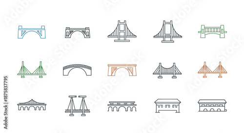 Collection of bridge line icons, representing various architectural styles including suspension, arch, beam, and cable-stayed bridges, isolated on a white background for versatile graphic and web