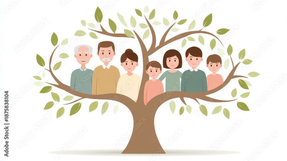 Fototapeta premium Family tree genealogy illustration with multiple generations and connections