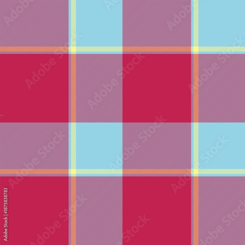 Tailor pattern fabric background, 1940s seamless plaid texture. Effect check vector tartan textile in red and cyan colors.