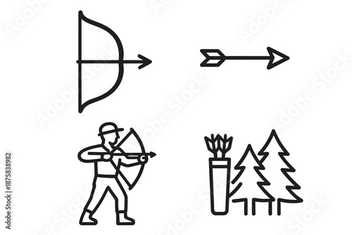 Bow Arrow Hunter Icons. Line style icons of Bow Arrow Hunter: bow silhouette, sharp arrow, hunter stance, quiver arc, string line,