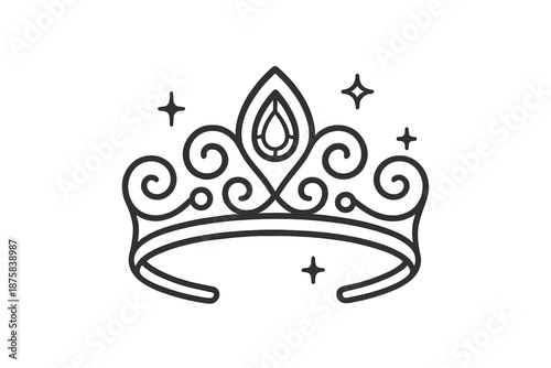 Royal Silver Tiara. Line style icons of Royal Silver Tiara: regal outline, silver motif, crown curve, jewel speck, band flow,