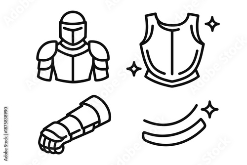 Knight Steel Icons. Line style icons of Knightplate Steel: knight form, steel chestplate, arm guard, edge line, rim trace, soft