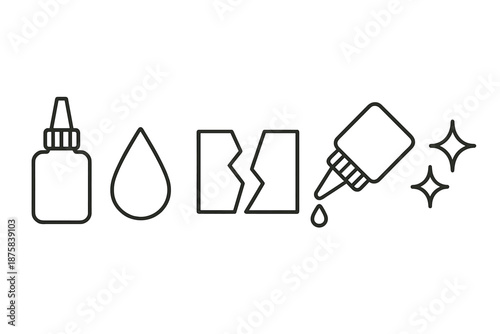 Glue Bond Icons. Line style icons of Glue Bond Repair: glue bottle silhouette, bonding drop, broken piece, fix line, nozzle arc,