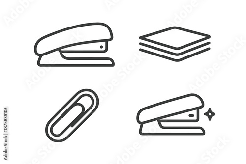 Office Supplies Line Art. Line style icons of Paperclip Stapler Scene: stapler profile, neat stack, fastening line, staple ridge,