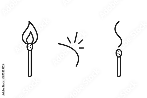 Matchstick Icon Art. Line style icons of Flame Spark Match: slender matchstick, glowing flame, spark curve, grain detail, ember