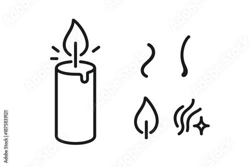 Flamewax Candle Icons. Line style icons of Flamewax Candle: simple candle, wax curve, steady flame, wick point, glow wave, faint