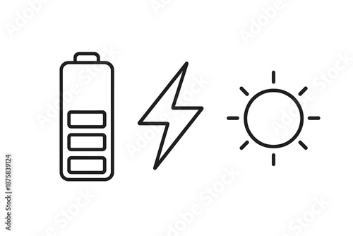 Energized Battery Icons. Line style icons of Energize Cell Scene: slim battery, spark symbol, power bars, cap ridge, light ring,