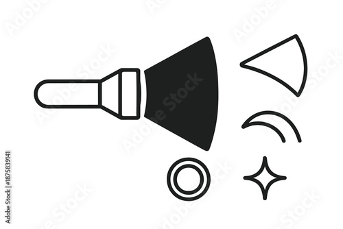 Flashlight Icon Design. Line style icons of Flashlight Dark Reveal: flashlight silhouette, dark beam, reveal arc, grip line, lens