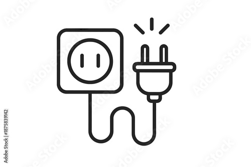 Plug-in Energy Icons. Line style icons of Plug-in Energy Flow: plug trace, outlet contour, energy flare, wire arc, prong stroke,