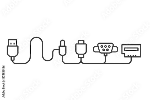 Line Style Connectors. Physical connection flow: Line style icons of connector head, routing wire, node plug, bridge cable,