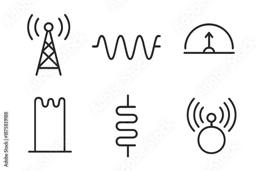 Radio Elements Icons. Radiofield oscillation: Line style icons of oscillation mast, modulated wave, tuning arc, amplitude pole,