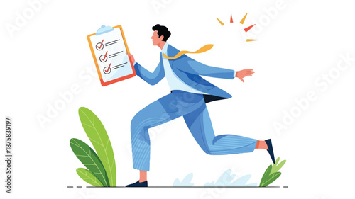 Businessman in blue suit running with clipboard checklist