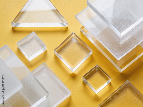 Clear and Frosted Acrylic Sheets and Blocks on Yellow Background