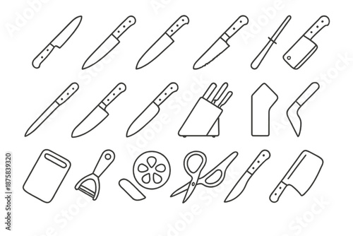 Kitchen Knife Icons. Line style icons of Sharp Cooking Instruments: chef knife, paring knife, bread knife, santoku knife, carving