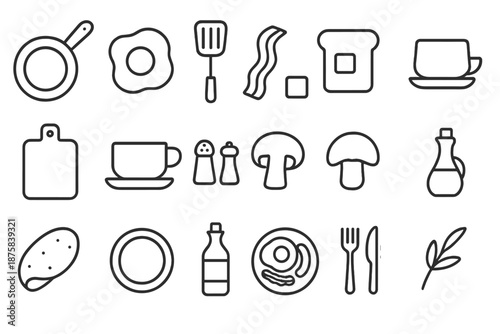 Egg Breakfast Icons. Line style icons of Egg Breakfast Set: frying pan, sunny side up egg, spatula, bacon strip, toast slice,